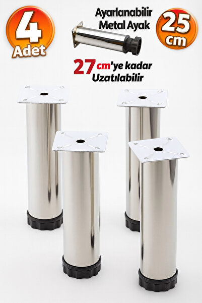 Badem10 Ayarlanabilir Mobilya Kanepe Baza Koltuk Metal Destek Yükseltici Ayağı 25 cm Krom Ayakları (4 ADET)