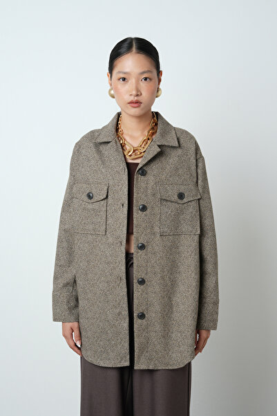 Orfeo Negro KADIN ÇİFT CEPLİ KAHVERENGİ OVERSİZE KESİM GÖMLEK