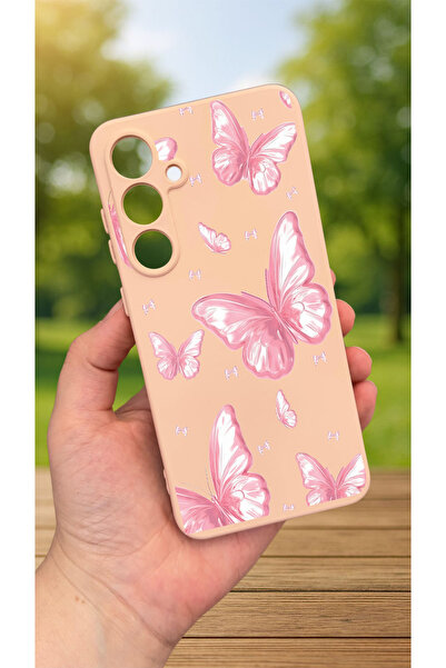 Vip Case Samsung Galaxy S23FE -PEMBE KELEBEK DESENLİ Silikon Darbe Emici Klasik Korumalı Rubber Kılıf