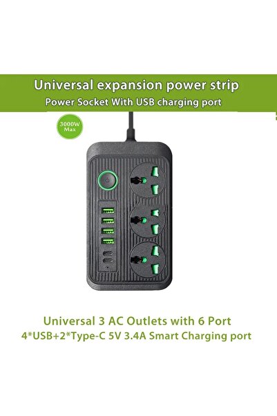 LIVVY Power Strip Extension Cord with 3 Outlets, 4 USB & 2 Type-C Ports – Universal Charging Socket with