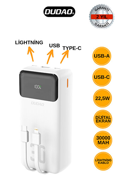 DUDAO K15MAX-30.000 mAh Powerbank 22.5W Hızlı Şarj DAHİLİ KABLOLU BEYAZ