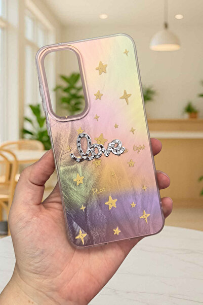Vip Case Samsung Galaxy A35 Uyumlu Hologramlı Renk Değiştiren Yıldız Desenli Taşlı Yazılı StarLove Kılıf