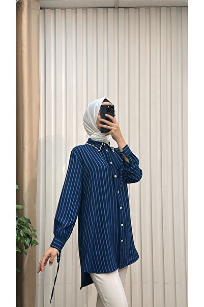 MERVE TESETTÜR Туніка зі шнурівкою на рукавах, оздобленим коміром та довгою с...