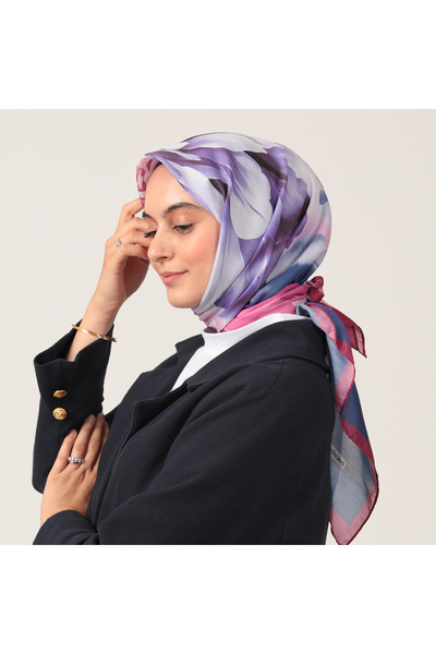 ipekistanbul Eșarfă din mătase de bumbac - Motiv Lotus - Violet-Marin