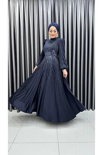 MERVE TESETTÜR Cepli Boncuk İşlemeli Balon Kol İşlemeli Saten Tesettür Abiye
