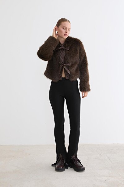 LEVURE Kadın Deri Fiyonk Detaylı Kürk KAHVE