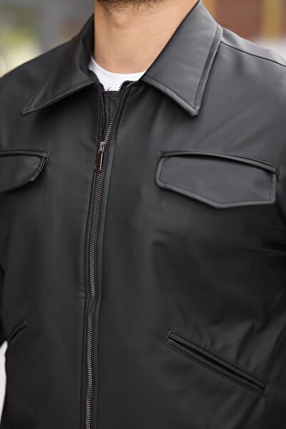 ByTrend Cep Detail Stand Collar Faux Leather Jacket Bl 1848_50455-1