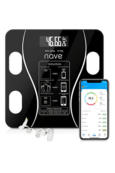 nave DJ5 Akıllı Bluetooth Vücut Analiz Baskülü – Cam Tasarım, Yağ/Kas/Su/BMI Ölçümü