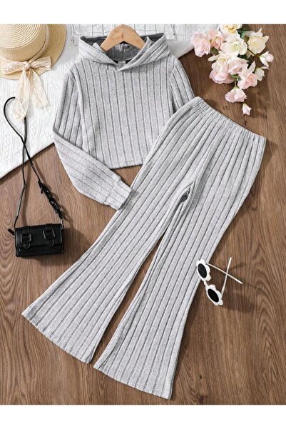 LOUİSA Girl's Gray Corduroy Knitted Fabric Hooded Sweatshirt-Spanish Leg Trousers Set