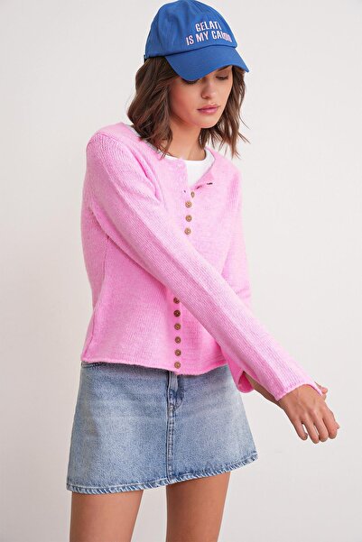 Mixray 6957 Women's Buttoned Crew Neck Knitwear Cardigan Pink