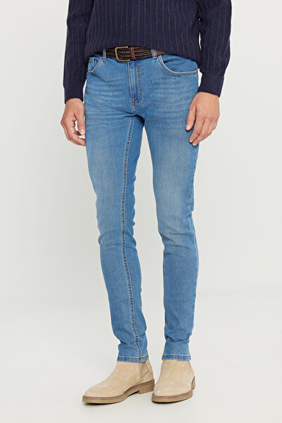 AC&Co / Altınyıldız Classics Erkek Açık Mavi Ekstra Slim Fit Dar Kesim Rıss Pamuklu Esnek Denim Jean Kot Pantolon
