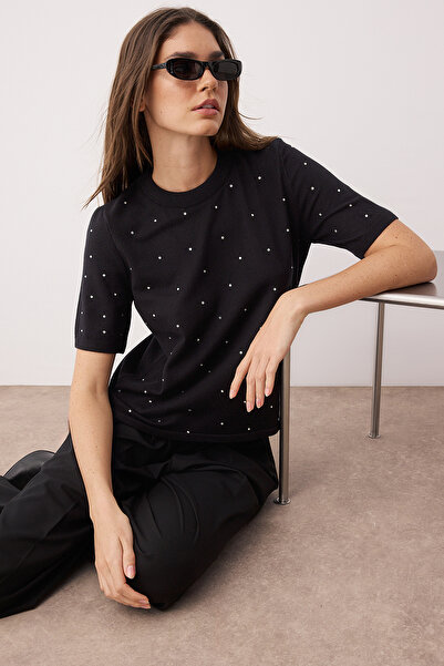 Trendyol Collection Pulover de tricotaj cu fir premium negru/fir special detaliat de prelucrare a pietrei TWOAW26KZ00059
