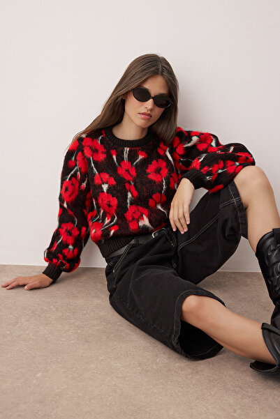Trendyol Collection Pulover negru moale cu textura florală TWOAW26KZ00146