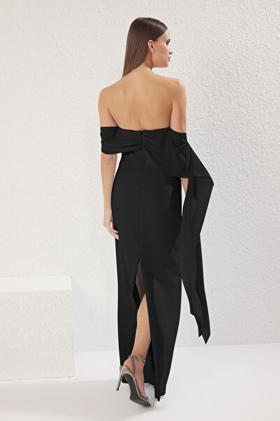 Trendyol Collection Black Carmen Collar Long Elegant Evening Graduation Dress Tprss25Ae00115