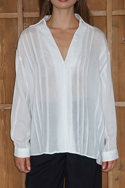 Trendyol Collection Fehér bordázott, könnyű áttetsző ing TWOAW26GO00091