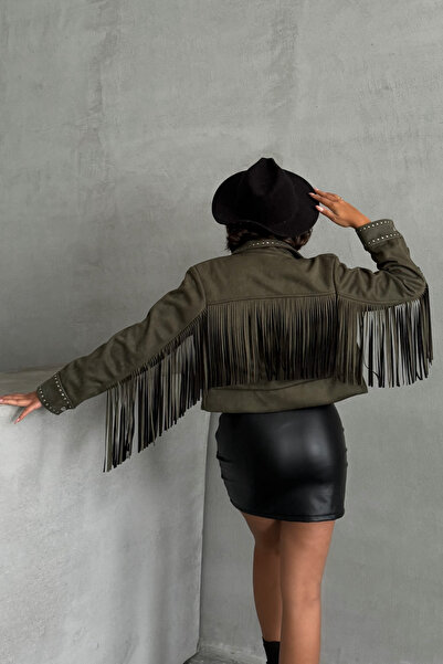 Trendyol Collection Khaki semišová bunda s třásněmi TWOAW26CE00065