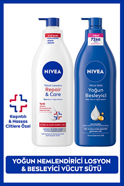 NIVEA Besleyici Vücut Sütü 400ml ve Repair&Care Nemlendirici Losyon 400ml, Rahatlatıcı, Kuru Cilt