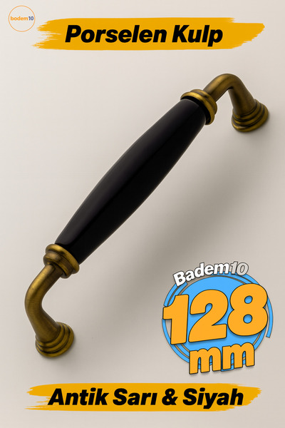 Badem10 Kapıdağı Porselen Antik Sarı Siyah 128 Mm Mobilya Mutfak Çekmece Dola...