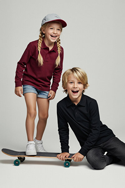 TRENDYOLKIDS Black-Burgundy 2-Pack 100% Cotton Regular Polo Neck Unisex Children's Knitted School T-Shirt Tkdaw25Ts00004