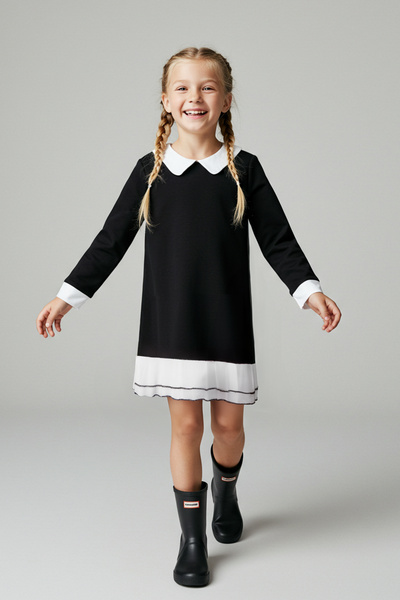 TRENDYOLKIDS Rochie neagră pentru fetiță, 100% bumbac, simplă/de bază, cu guler cămașă, tricotată în linie A, TKDAW26EL00003