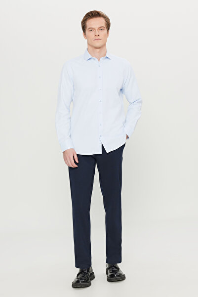 AC&Co / Altınyıldız Classics Erkek Mavi Kolay Ütülenebilir Slim Fit Dar Kesim Italyan Yaka Armürlü Gömlek