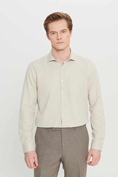 AC&Co / Altınyıldız Classics Erkek Bej Kolay Ütülenebilir Slim Fit Dar Kesim Italyan Yaka Armürlü Gömlek