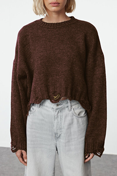Trendyol Collection Καφέ Crop Wide Fit Πλεκτό πουλόβερ με μαλακή υφή TWOAW24KZ00319