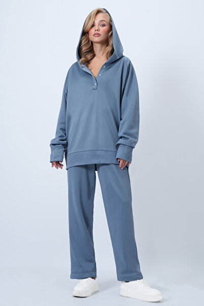 Trend Alaçatı Stili Kadın İndigo Kapüşonlu Çıtçıtlı Oversize Sweatshirt Ve Pa...