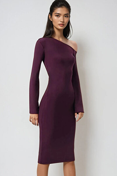 Trend Alaçatı Stili Women's Plum Asymmetrical Neckline Waist Draped Sandy Dress Alc-X14450