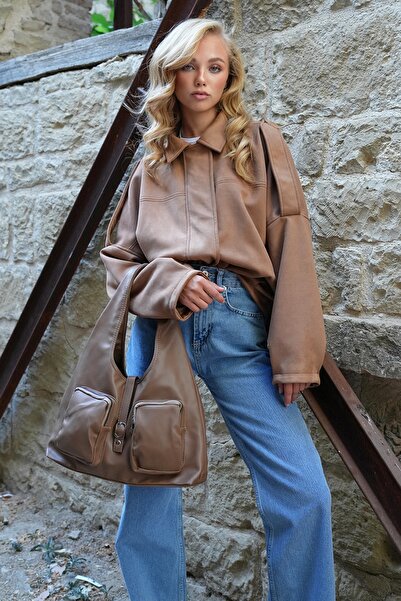 Trend Alaçatı Stili Braune Damen-Shopper-Tasche mit dicken Riemen und zwei Fächern, Alc-X14496