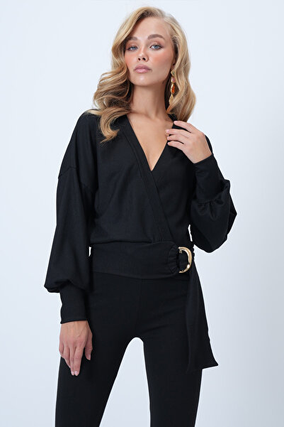 Trend Alaçatı Stili Schwarze Damenbluse mit zweireihigem Kragen und Gürtel, M...