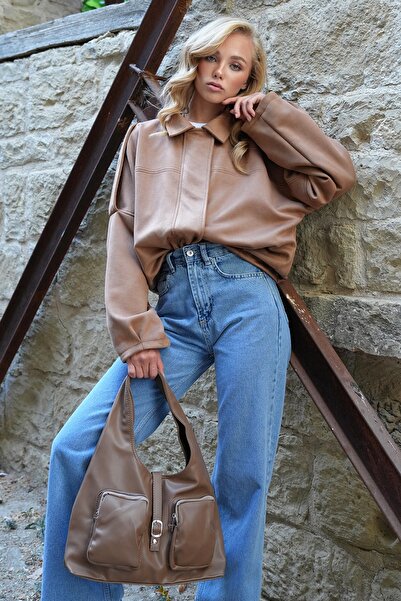 Trend Alaçatı Stili Braune Damen-Shopper-Tasche mit dicken Riemen und zwei Fächern, Alc-X14496