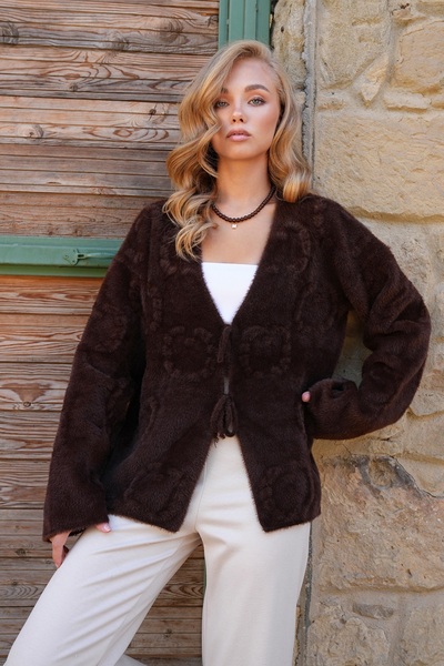 Trend Alaçatı Stili Dámska hnedá pletená bunda s reliéfnym vzorom Alc-X14488