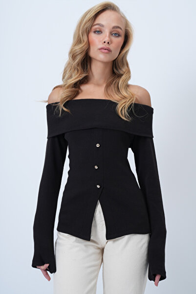 Trend Alaçatı Stili Γυναικεία πλεκτή μπλούζα με γιακά μαντέλα σε καφέ χρώμα με σχισμή μπροστά Alc-X14527