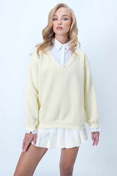 Trend Alaçatı Stili Γυναικείο πουκάμισο από βούτυρο κίτρινο χρώμα με λεπτομέρεια από ποπλίνα, φούτερ με 3 κλωστές Alc-X14518