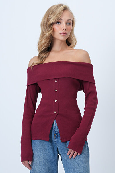Trend Alaçatı Stili Women's Burgundy Madonna Collar Front Slit Knitted Blouse Alc-X14527