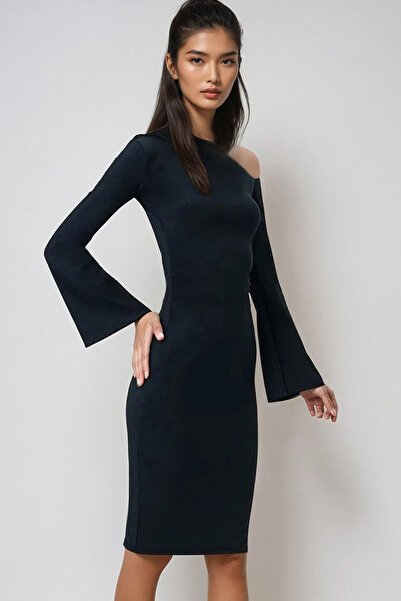 Trend Alaçatı Stili Kadın Siyah Asimetrik Yaka Beli Drapeli Sandy Elbise Alc-X14450