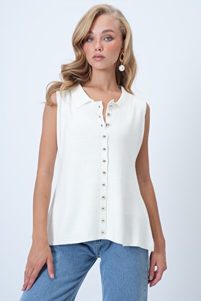 Trend Alaçatı Stili Women's Ecru Polo Neck Gold Buttoned Knit Vest Alc-X14453