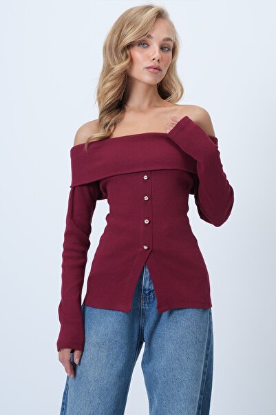 Trend Alaçatı Stili Women's Burgundy Madonna Collar Front Slit Knitted Blouse Alc-X14527