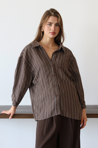 Trendyol Collection Barna csíkos oversize/széles szabású textúrájú ing TWOAW26GO00083