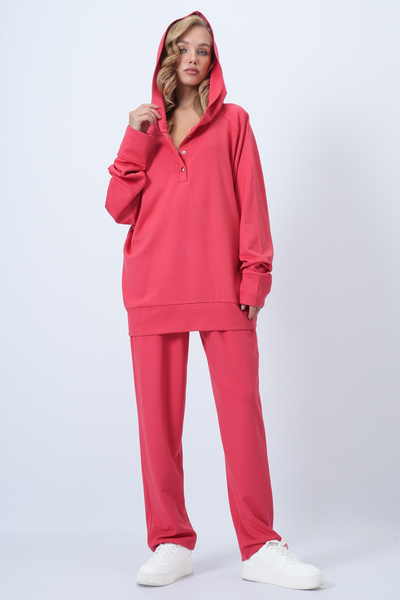 Trend Alaçatı Stili Women's Red Hooded Snap Fastener Oversize Sweatshirt and Pants Bottom Top Set Alc-X12476
