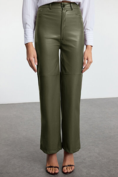Trendyol Collection Khaki Relaxed/Comfortable Straight/Pipe Leg Seam Detailed Knitted Leather Pants Twoaw25Pl00068