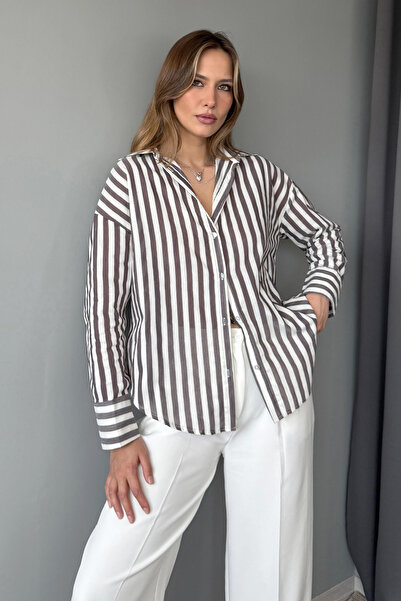 Trendyol Collection Brown Beige Striped Oversize Thin Fabric Shirt Twoaw26Go00093