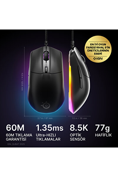 SteelSeries Rival 3 Gen 2 Optik 6 Tuş 8500DPI Siyah Kablolu Gaming (Oyuncu) Mouse