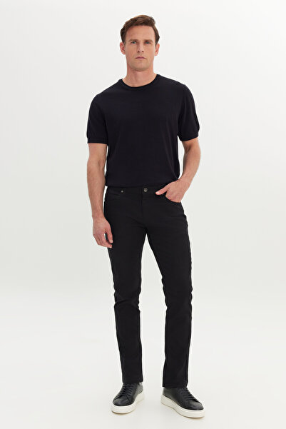 AC&Co / Altınyıldız Classics Pánské černé 360° všesměrově strečové kalhoty slim fit s diagonálním vzorem