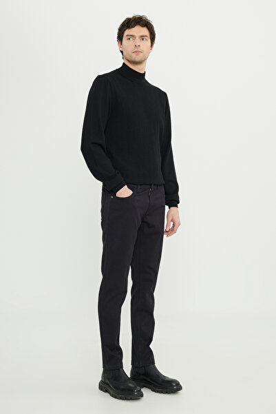 ALTINYILDIZ CLASSICS Men's Black Cotton Slim Fit Slim Fit 5 Pocket Dobby Stretch Casual Trousers