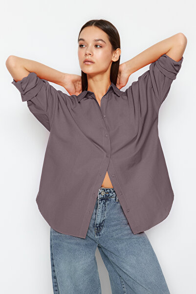 Trendyol Collection Бавовняна ткана сорочка великого розміру антрацитового кольору TWOSS22GO0669