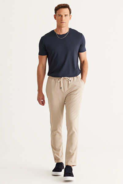 AC&Co / Altınyıldız Classics Erkek Bej Slim Fit Rahat Kesim Beli Bağlamalı Yan Cepli Jogger Pantolon