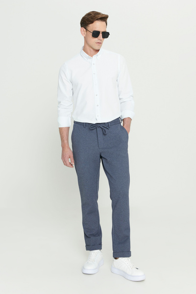 AC&Co / Altınyıldız Classics Erkek Lacivert Slim Fit Dar Kesim Beli Bağlamalı Esnek Pantolon