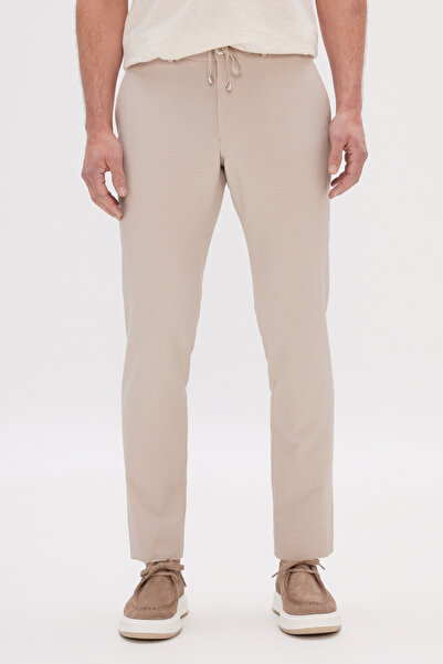 AC&Co / Altınyıldız Classics Erkek Bej Slim Fit Dar Kesim Beli Bağlamalı Yan Cep Gofre Desenli Pantolon